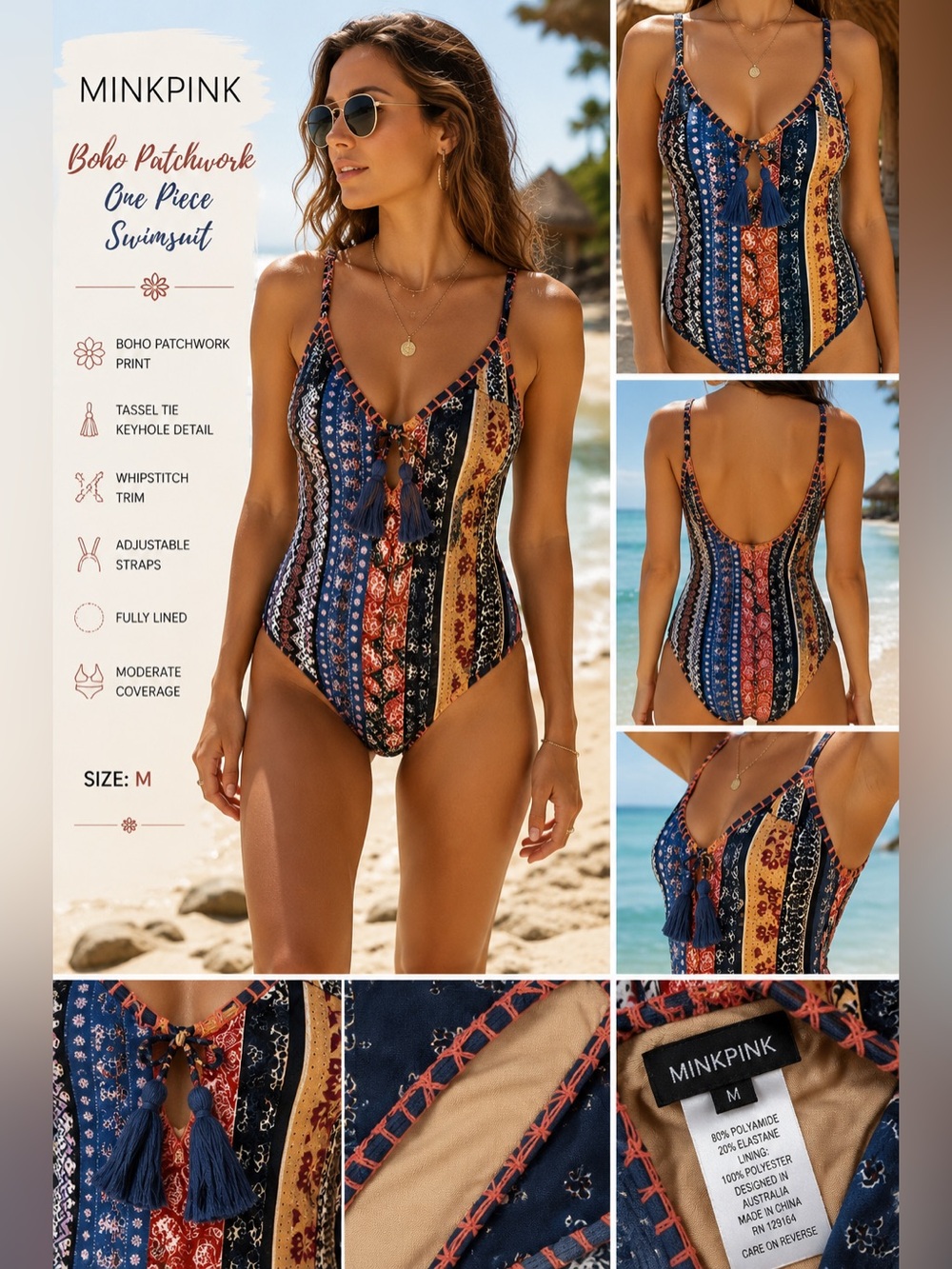 MinkPink Boho Patchwork Tassel One Piece Swimsuit Blue Red Mustard Size M